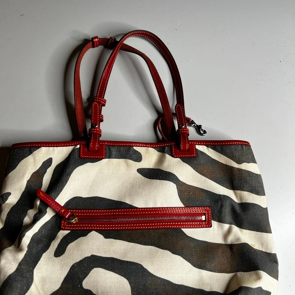 Dooney & Bourke Zebra Print Canvas Tote Bag Red Leather Trim Brown Suede Base